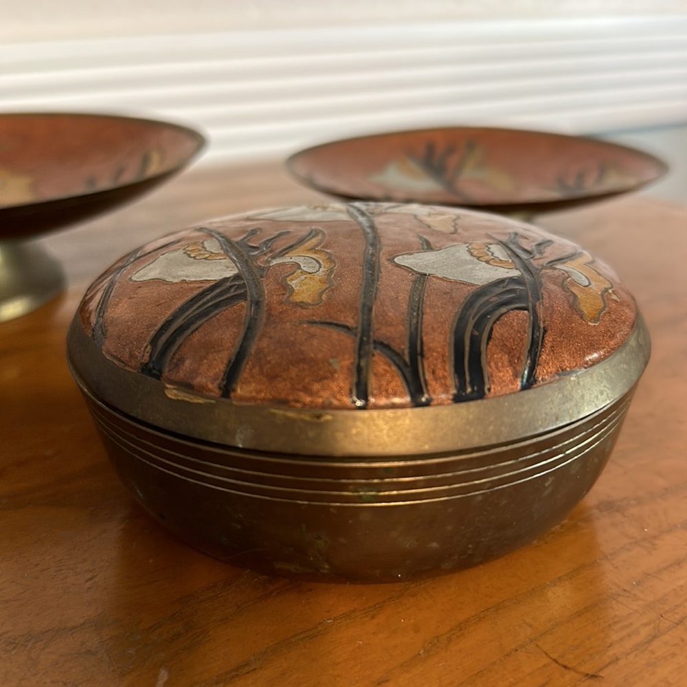 Vintage Gorgeous Set of Etched, Two Painted Brass Candle Plates & Trinket Dish